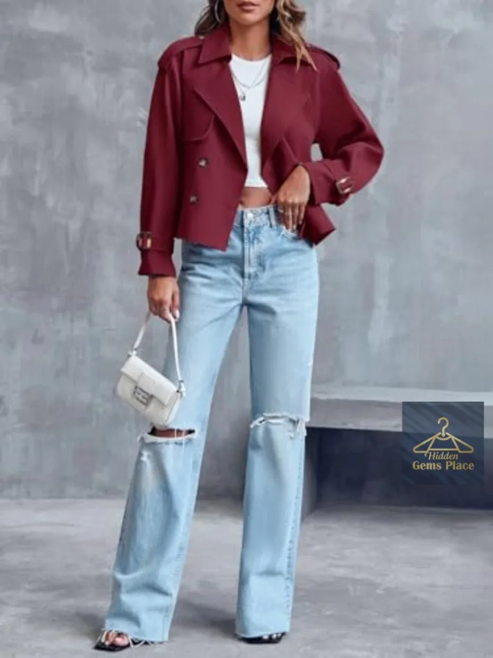Women's Cropped Double Breasted Trench Coat 100% Polyester Lapel Windbreaker